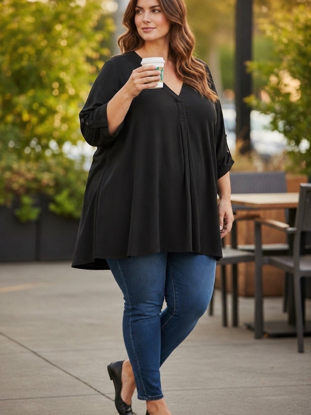 torrid Black V-Neck Roll-Tab Sleeve Tunic